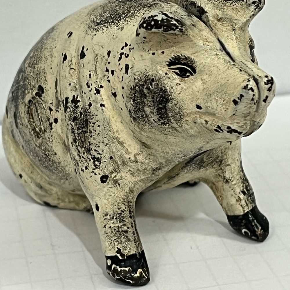 Figural Antique Original Sitting Pig Cast Iron Coin Piggy Bank Cream With Spots